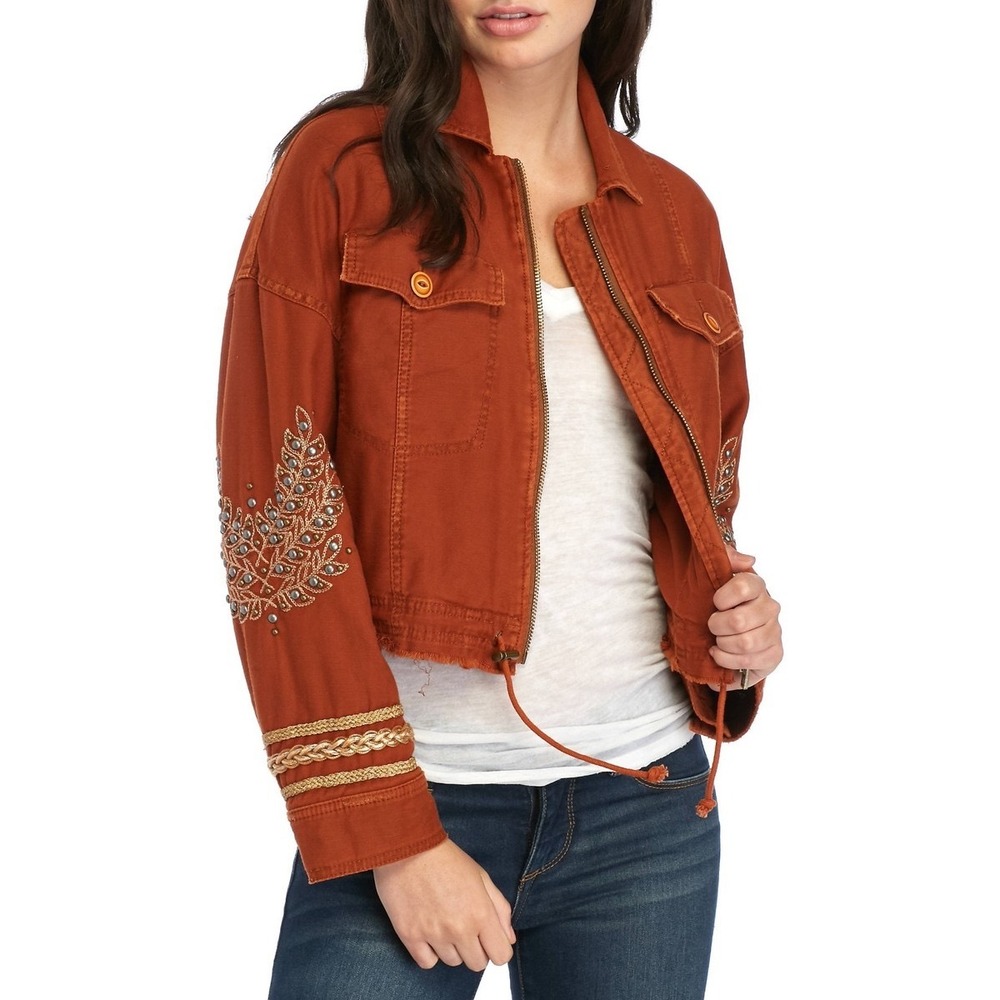 Free People Rust Orange Cropped Embroidered Utility Jacket XS Beaded Boho Zip Up